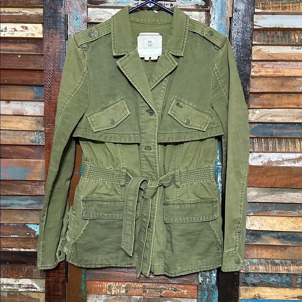 Anthropologie HEI HEI Green Ruffle back Tie belt jacket size medium - Picture 2 of 6